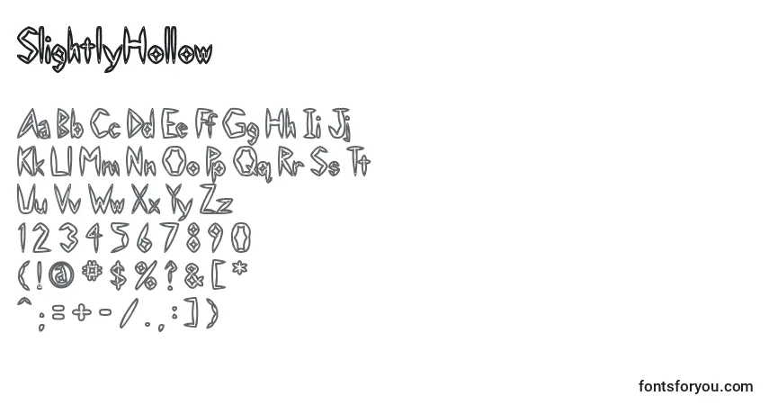 Czcionka SlightlyHollow – alfabet, cyfry, specjalne znaki