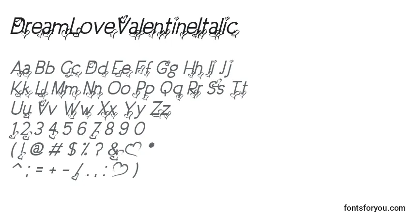 Czcionka DreamLoveValentineItalic – alfabet, cyfry, specjalne znaki