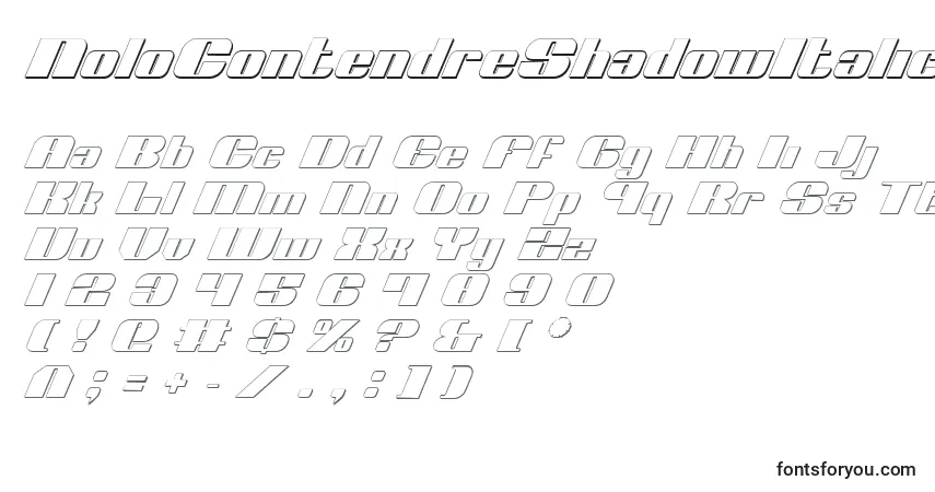 Czcionka NoloContendreShadowItalic – alfabet, cyfry, specjalne znaki