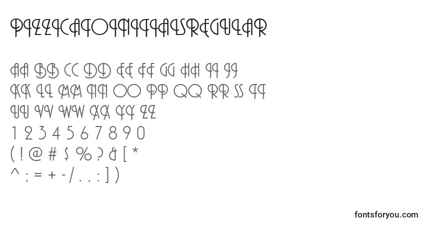 Czcionka PizzicatoInitialsRegular – alfabet, cyfry, specjalne znaki