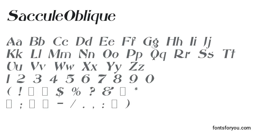 Czcionka SacculeOblique – alfabet, cyfry, specjalne znaki