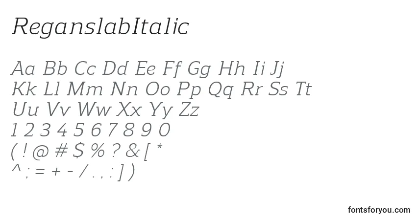 Шрифт ReganslabItalic – алфавит, цифры, специальные символы