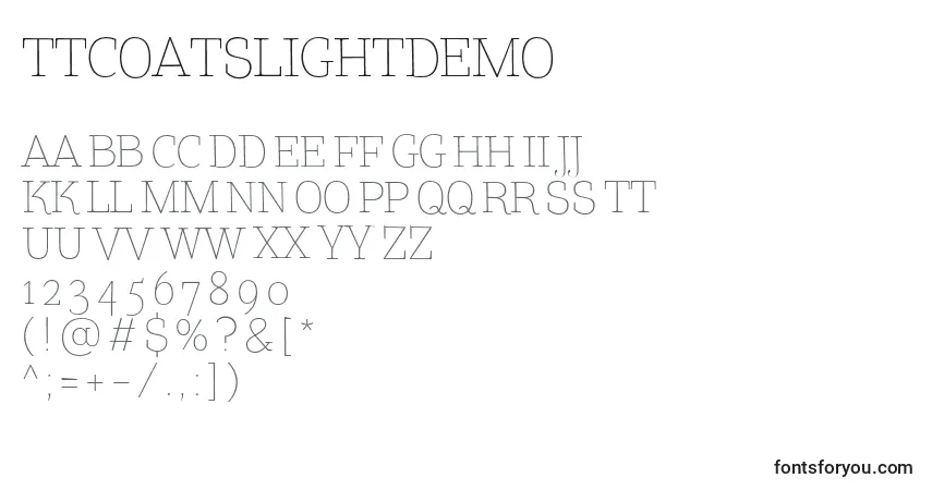 Шрифт TtCoatsLightDemo – алфавит, цифры, специальные символы