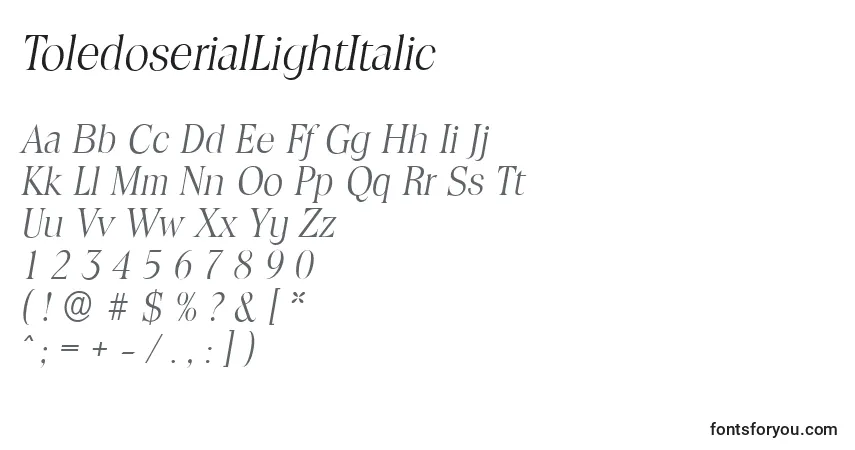Шрифт ToledoserialLightItalic – алфавит, цифры, специальные символы