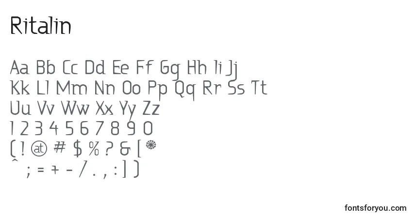 Schriftart Ritalin – Alphabet, Zahlen, spezielle Symbole