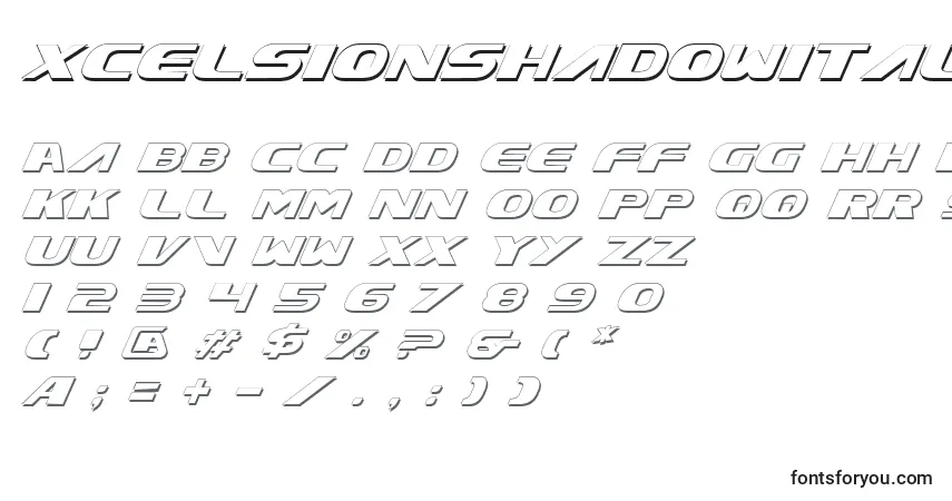 XcelsionShadowItalic-fontti – aakkoset, numerot, erikoismerkit