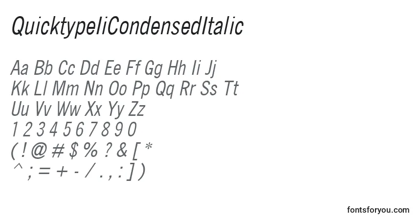 A fonte QuicktypeIiCondensedItalic – alfabeto, números, caracteres especiais