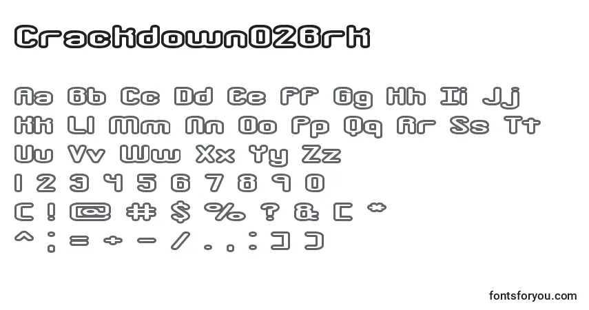 Czcionka CrackdownO2Brk – alfabet, cyfry, specjalne znaki