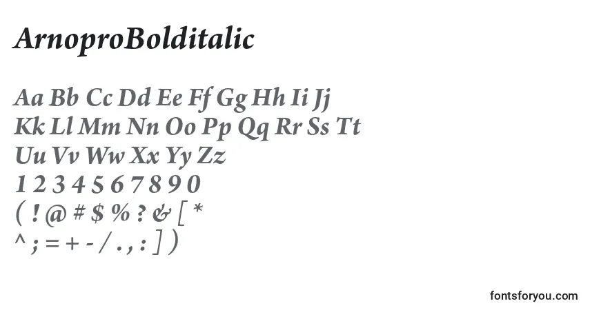 Czcionka ArnoproBolditalic – alfabet, cyfry, specjalne znaki