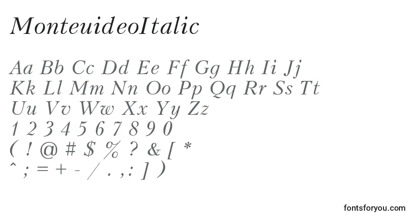 Czcionka MonteuideoItalic – alfabet, cyfry, specjalne znaki