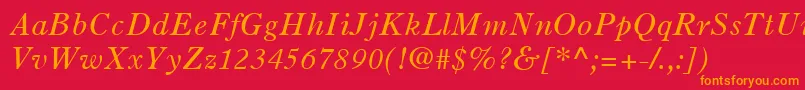 OldStyle7LtItalic-fontti – oranssit fontit punaisella taustalla