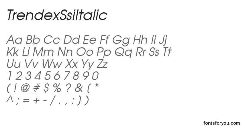 Czcionka TrendexSsiItalic – alfabet, cyfry, specjalne znaki