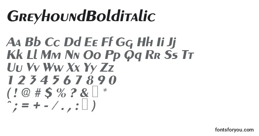 Czcionka GreyhoundBolditalic – alfabet, cyfry, specjalne znaki
