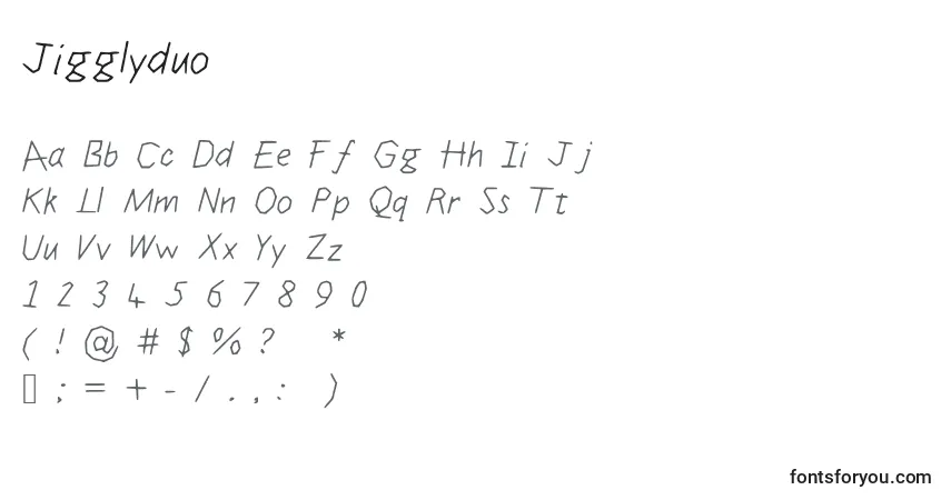 Schriftart Jigglyduo – Alphabet, Zahlen, spezielle Symbole