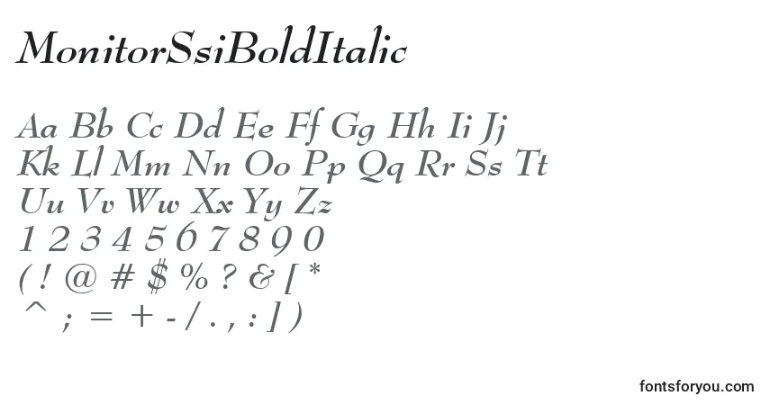 Czcionka MonitorSsiBoldItalic – alfabet, cyfry, specjalne znaki