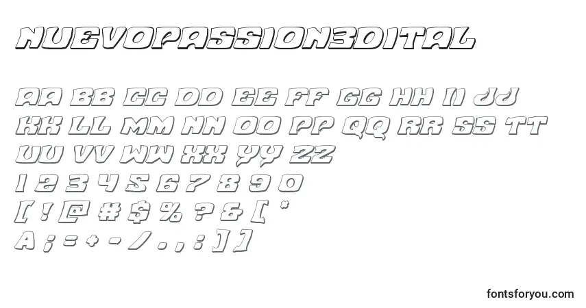 A fonte Nuevopassion3Dital – alfabeto, números, caracteres especiais
