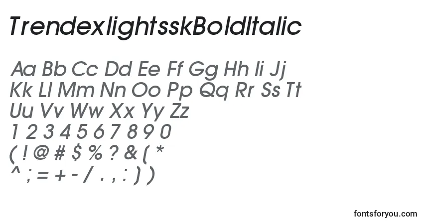 A fonte TrendexlightsskBoldItalic – alfabeto, números, caracteres especiais