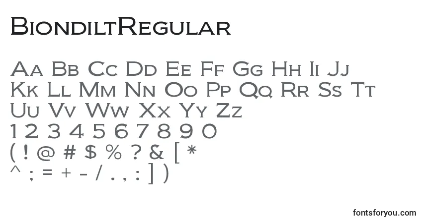 A fonte BiondiltRegular – alfabeto, números, caracteres especiais