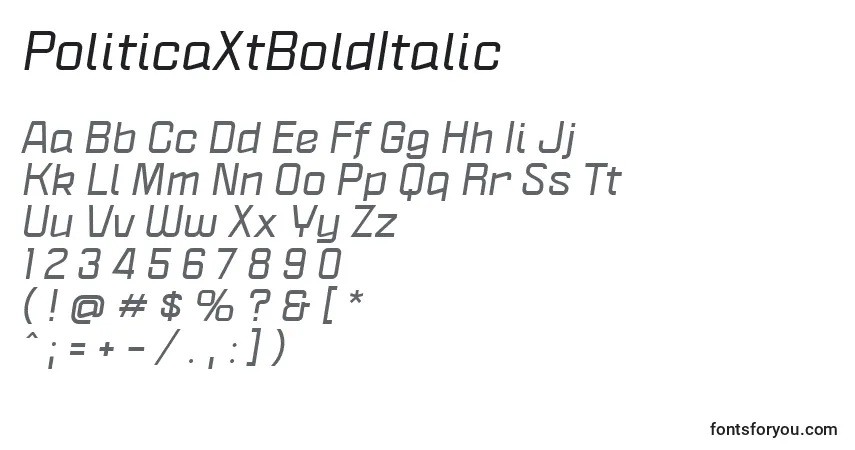 Czcionka PoliticaXtBoldItalic – alfabet, cyfry, specjalne znaki