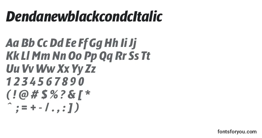 A fonte DendanewblackcondcItalic – alfabeto, números, caracteres especiais
