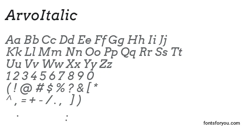 Шрифт ArvoItalic – алфавит, цифры, специальные символы