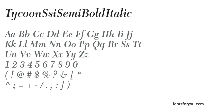 A fonte TycoonSsiSemiBoldItalic – alfabeto, números, caracteres especiais