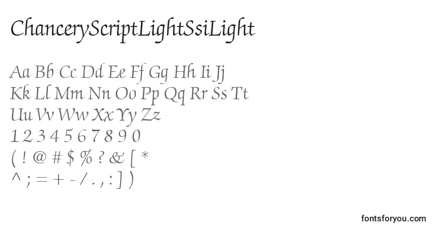 Czcionka ChanceryScriptLightSsiLight – alfabet, cyfry, specjalne znaki