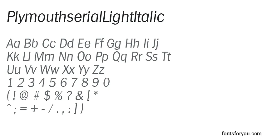Шрифт PlymouthserialLightItalic – алфавит, цифры, специальные символы