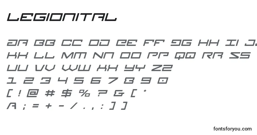 A fonte Legionital – alfabeto, números, caracteres especiais