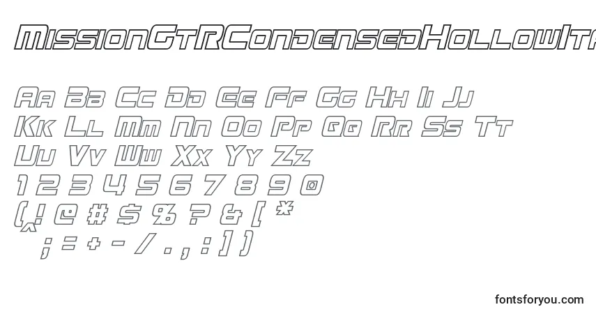 Шрифт MissionGtRCondensedHollowItalic – алфавит, цифры, специальные символы