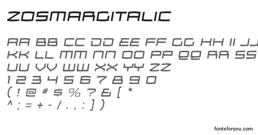 Шрифт ZosmargItalic – алфавит, цифры, специальные символы