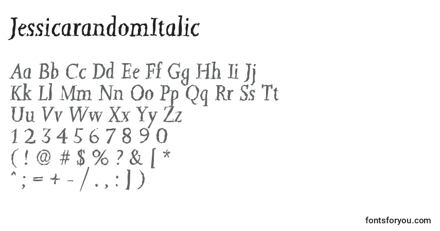 Czcionka JessicarandomItalic – alfabet, cyfry, specjalne znaki
