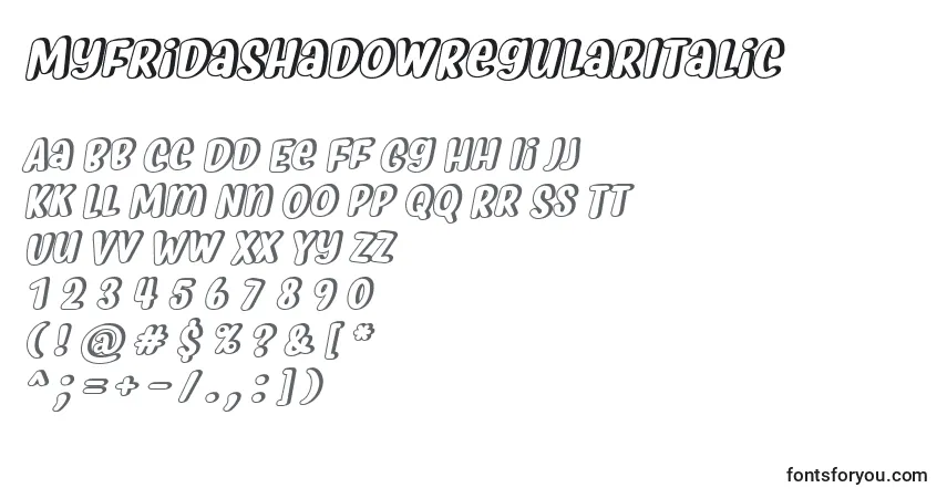 A fonte MyfridaShadowRegularItalic – alfabeto, números, caracteres especiais