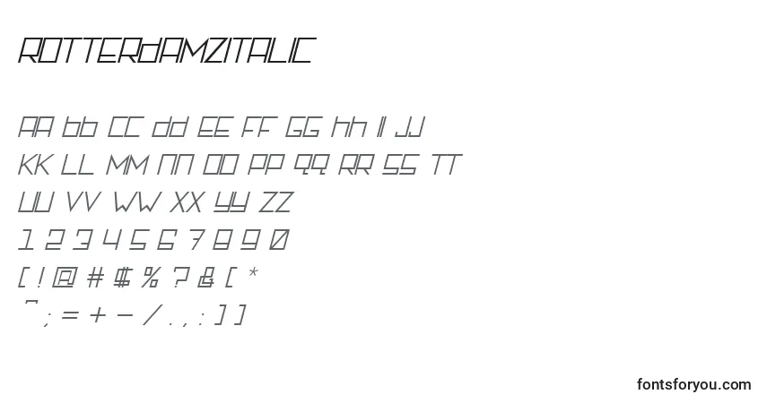 A fonte RotterdamzItalic – alfabeto, números, caracteres especiais