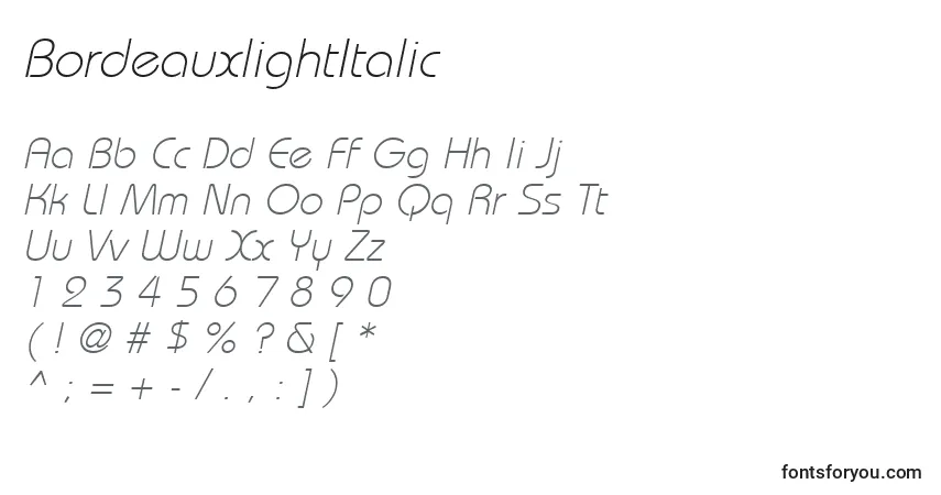A fonte BordeauxlightItalic – alfabeto, números, caracteres especiais