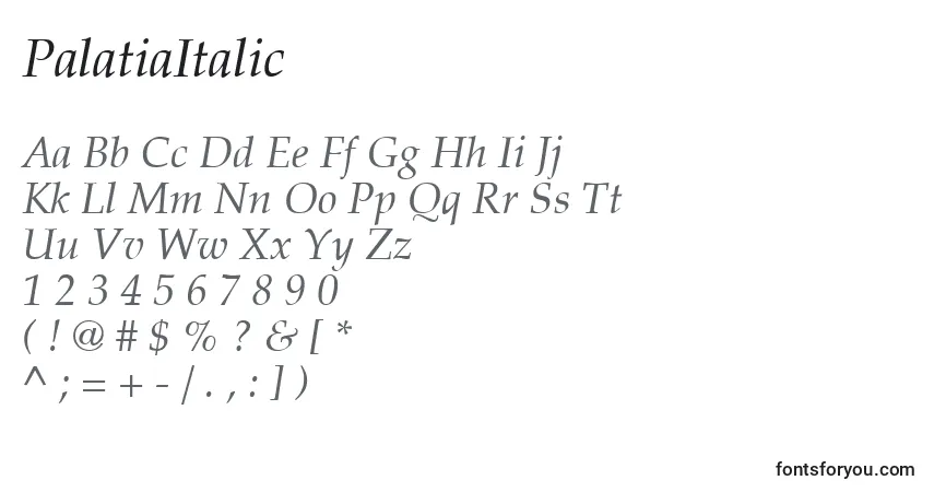 A fonte PalatiaItalic – alfabeto, números, caracteres especiais