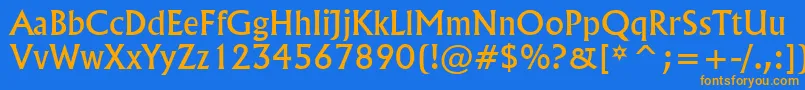 フォントFlareserif821Bt – オレンジ色の文字が青い背景にあります。