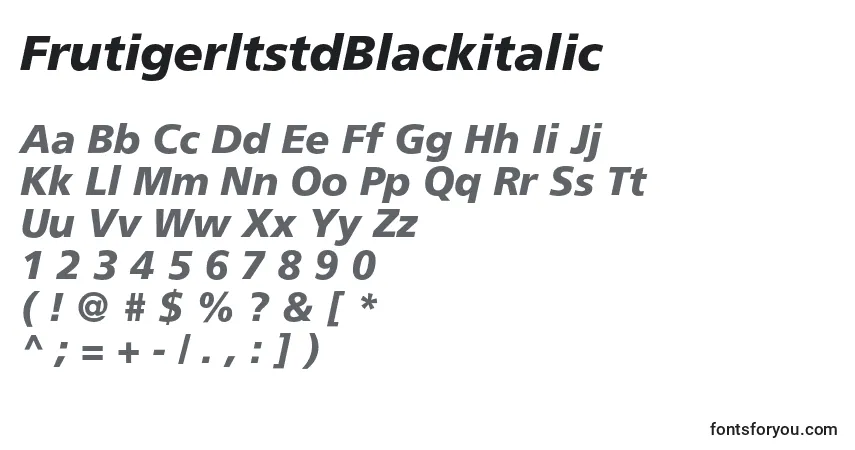 A fonte FrutigerltstdBlackitalic – alfabeto, números, caracteres especiais
