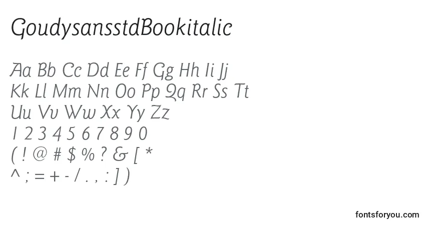 Шрифт GoudysansstdBookitalic – алфавит, цифры, специальные символы