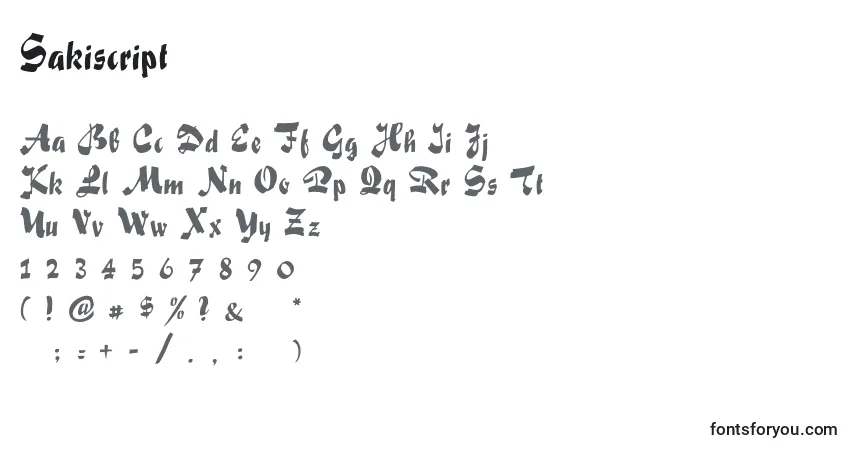 Czcionka Sakiscript – alfabet, cyfry, specjalne znaki