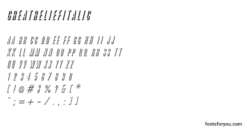 Schriftart GreatreliefItalic – Alphabet, Zahlen, spezielle Symbole
