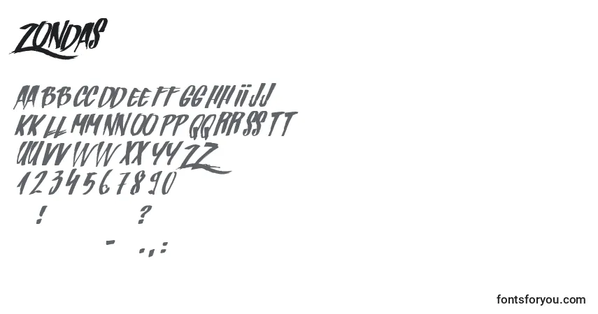 Schriftart Zondas – Alphabet, Zahlen, spezielle Symbole