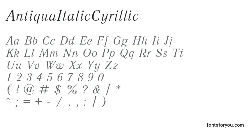 Czcionka AntiquaItalicCyrillic – alfabet, cyfry, specjalne znaki