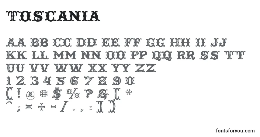 Toscania-fontti – aakkoset, numerot, erikoismerkit