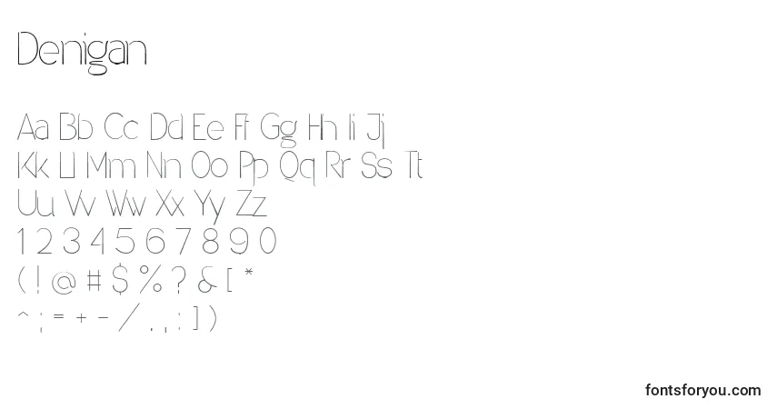 A fonte Denigan – alfabeto, números, caracteres especiais
