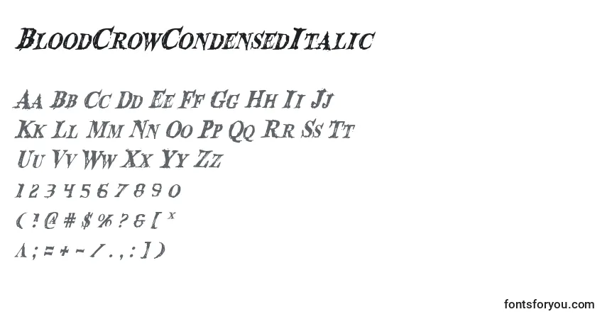 A fonte BloodCrowCondensedItalic – alfabeto, números, caracteres especiais