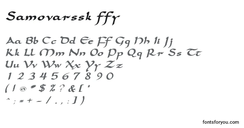 A fonte Samovarssk ffy – alfabeto, números, caracteres especiais