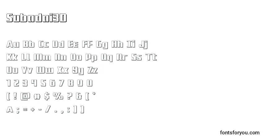 A fonte Subadai3D – alfabeto, números, caracteres especiais