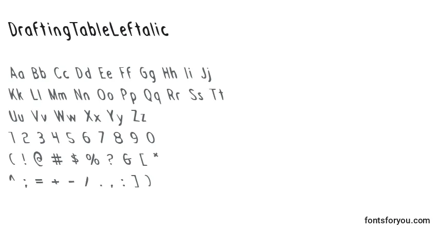 Czcionka DraftingTableLeftalic – alfabet, cyfry, specjalne znaki