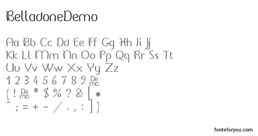 Czcionka BelladoneDemo – alfabet, cyfry, specjalne znaki